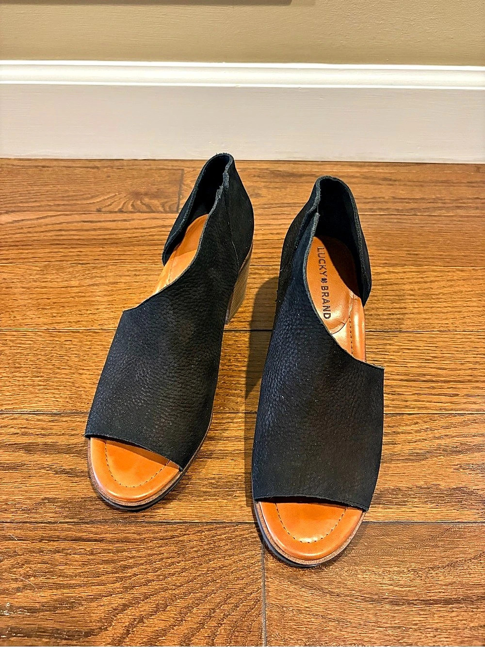 Lucky Brand Livey Open Toe Bootie Black & Brown Wedges size 8
